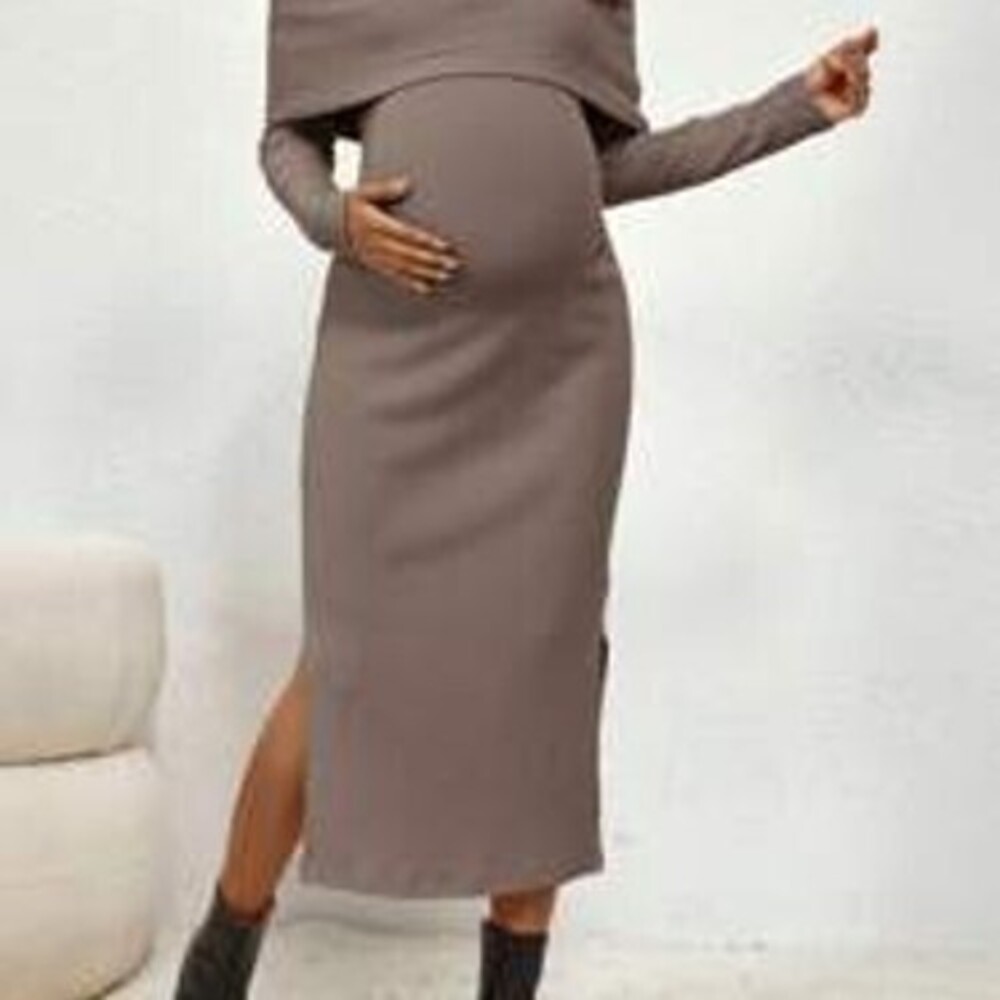 SHEIN Maternity Casual Solid Color Off The Shoulder Side Slit Long Dress, Autum…